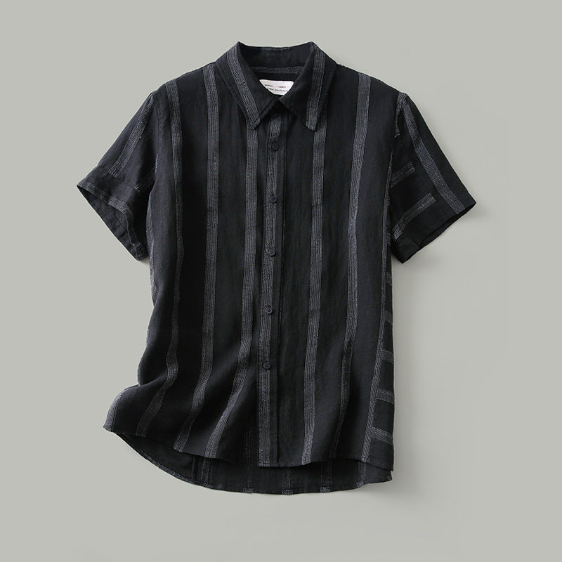 Summer New Men's Striped Shirt Retro Lapel Casual Breathable Linen Short-sleeved Shirt