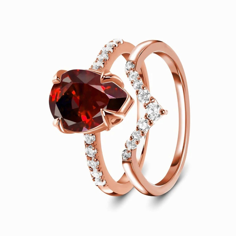 Women's Sterling Silver Rose Gold Ruby Micro Zircon Double Layer Ring
