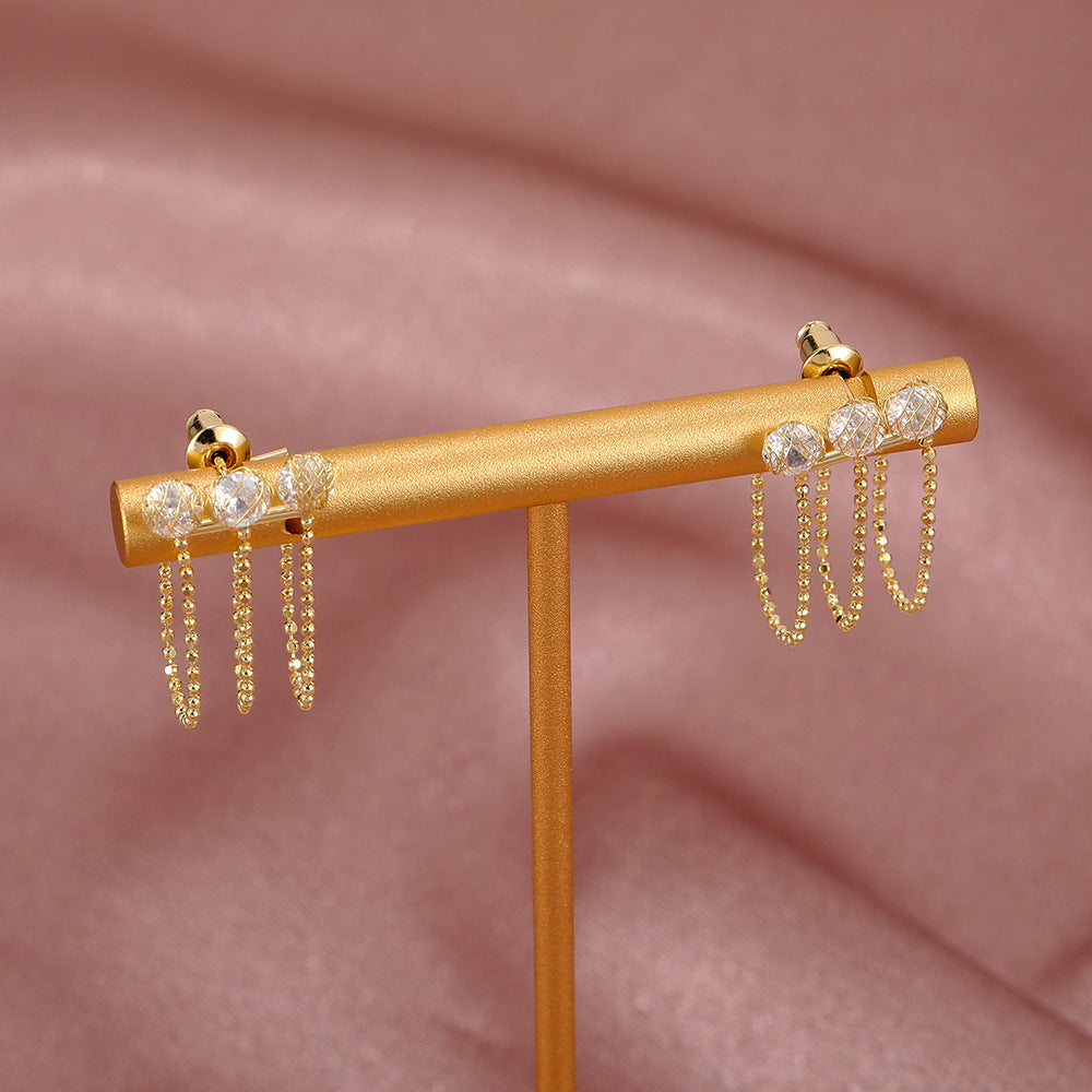 Chain Silver Needle Zircon Tassel Earrings