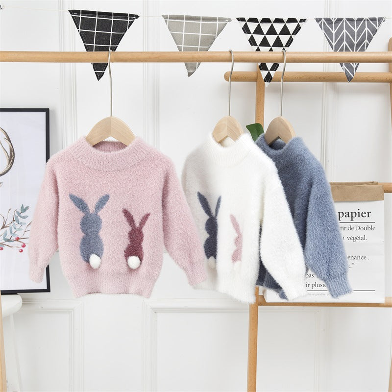 Girls Sweater Baby Knitted Mink Velvet Long-sleeved Round Neck Two Rabbits Bottoming Shirt