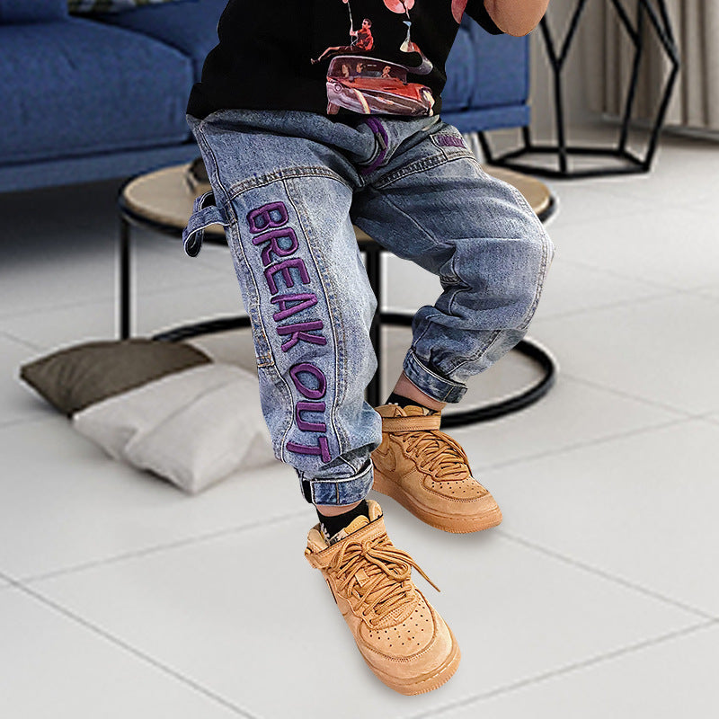 Children's Embroidered Trousers Plus Fleece Thick Pants