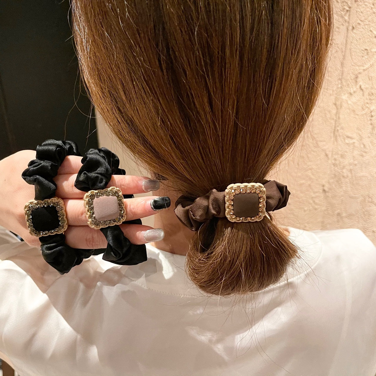 Leather Square Rhinestone Hair Ring Forest Temperament Large Intestine Ring