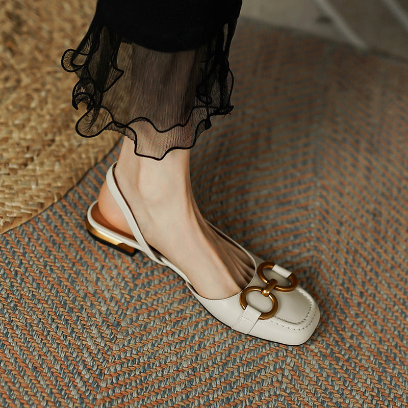 French Sandals With Metal Horsebit Buckle Hollow Back Single Shoes Flat Shoes