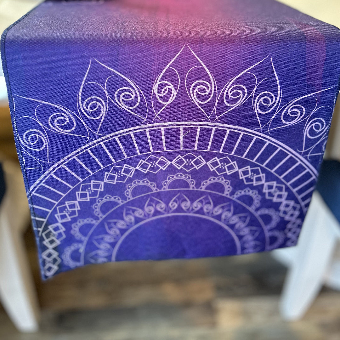  purple table runner with white Islamic floral motifs