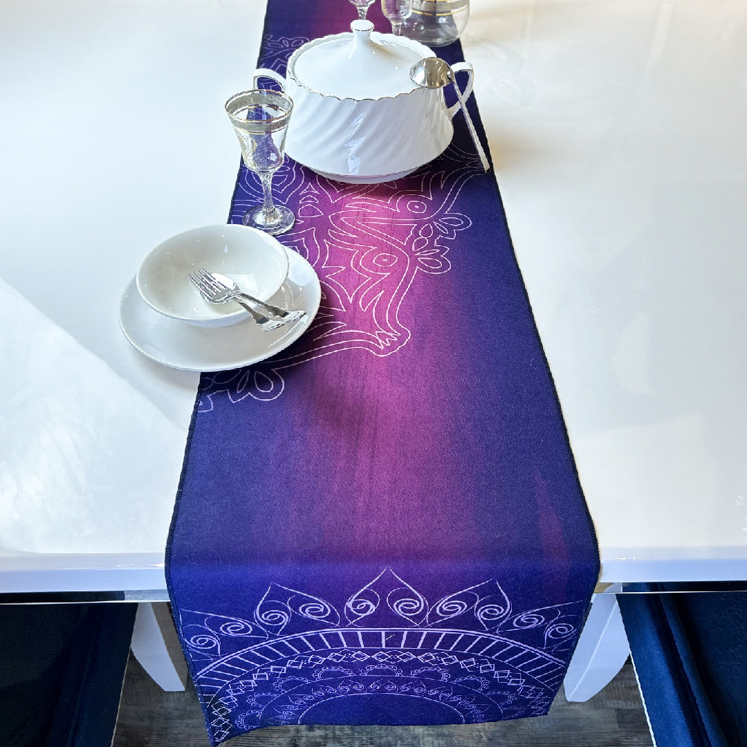 white tableware on a purple table runner with white Islamic floral motifs