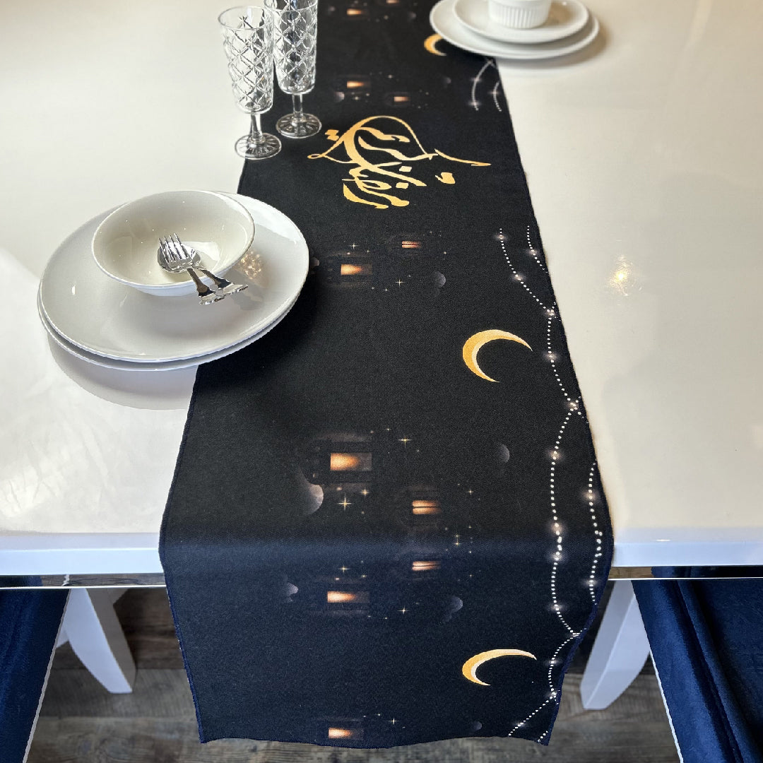 black table runner with Ramadan crescent print 