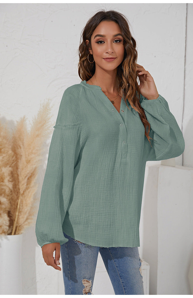 V-neck Women's Casual Solid Color Lantern Long Sleeves