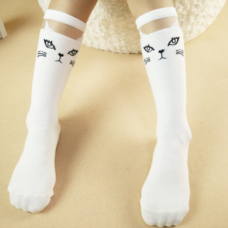 Medium High Socks Cartoon Cat Head Lace Mesh Stockings