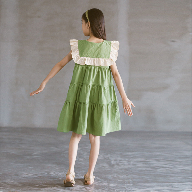 Lotus Leafy Cake Long Skirt Color Matching Vest Dress