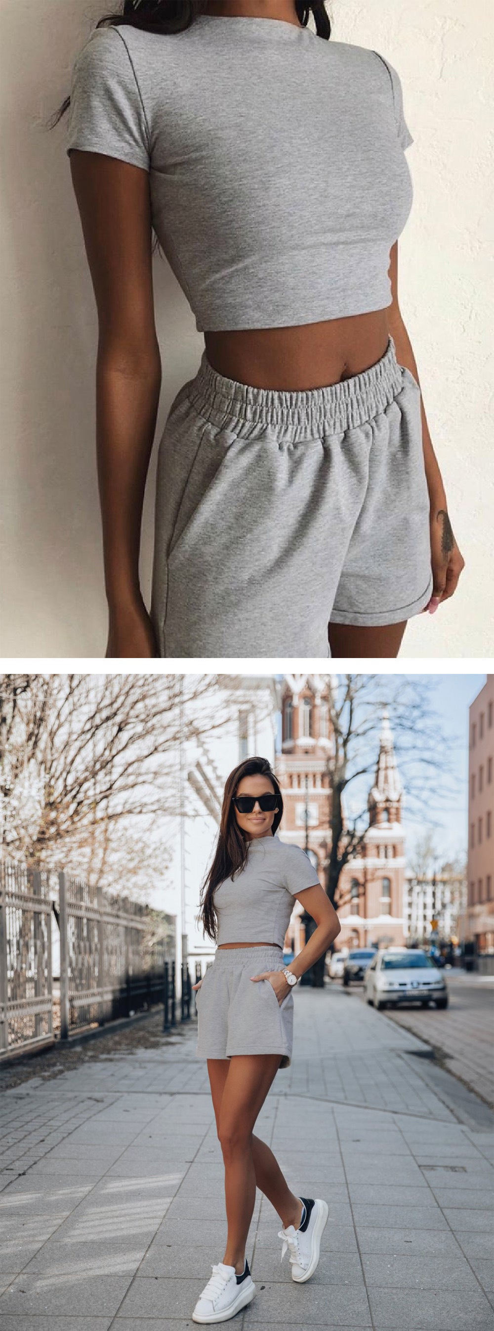 Spring 2022 New Women's Clothing Fashion Suit Two-piece Short Sleeve High Waist Cropped Shorts