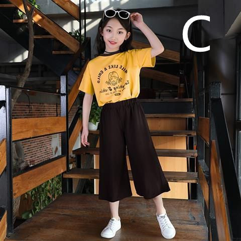 Sporty Western Style Short-sleeved Children's Wide-leg Pants Two-piece Suit