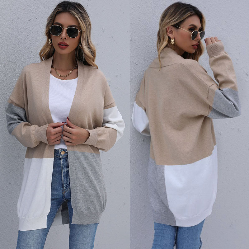 Loose Color Block Knitted Cardigan Sweater Coat
