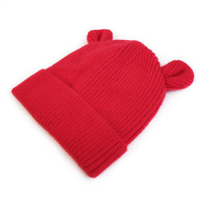 Children's Bear Ears Knitted Cuffed Solid Color Dome Warm Hat