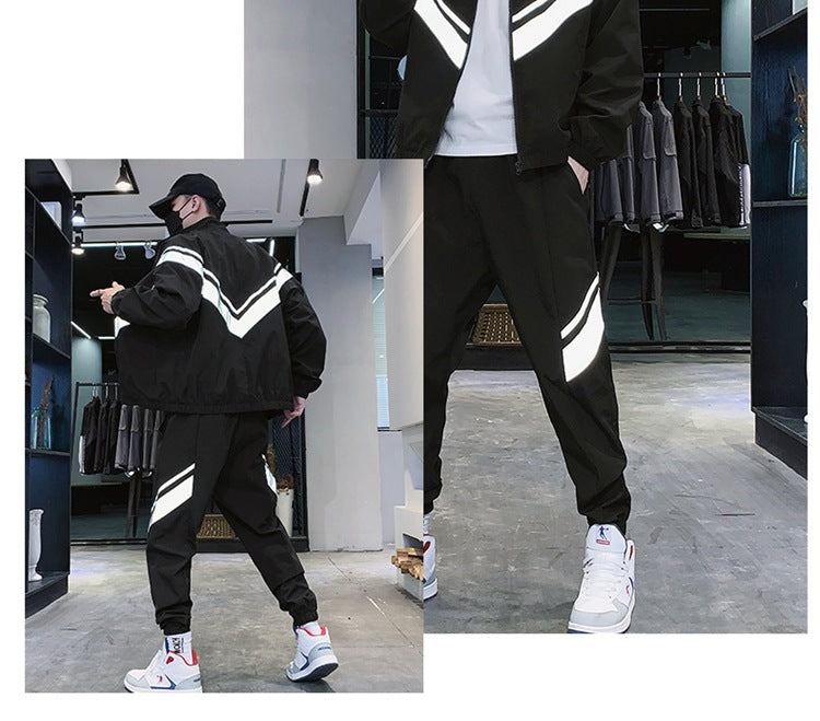 Casual Reflective Jacket Trousers Sports Men's Two Piece Set