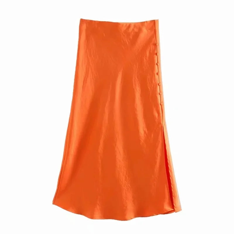 Ladies Fashion Buttoned Slit Satin Skirt