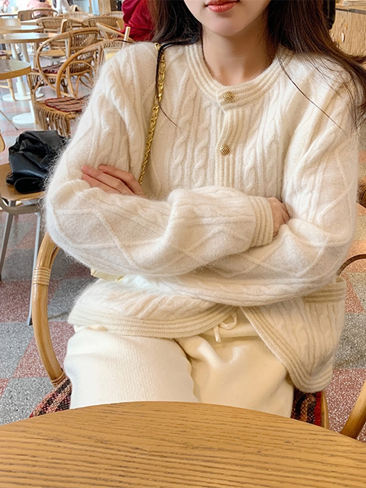 Knitted Cardigan Mohair White Gentle Loose Lazy Sweater