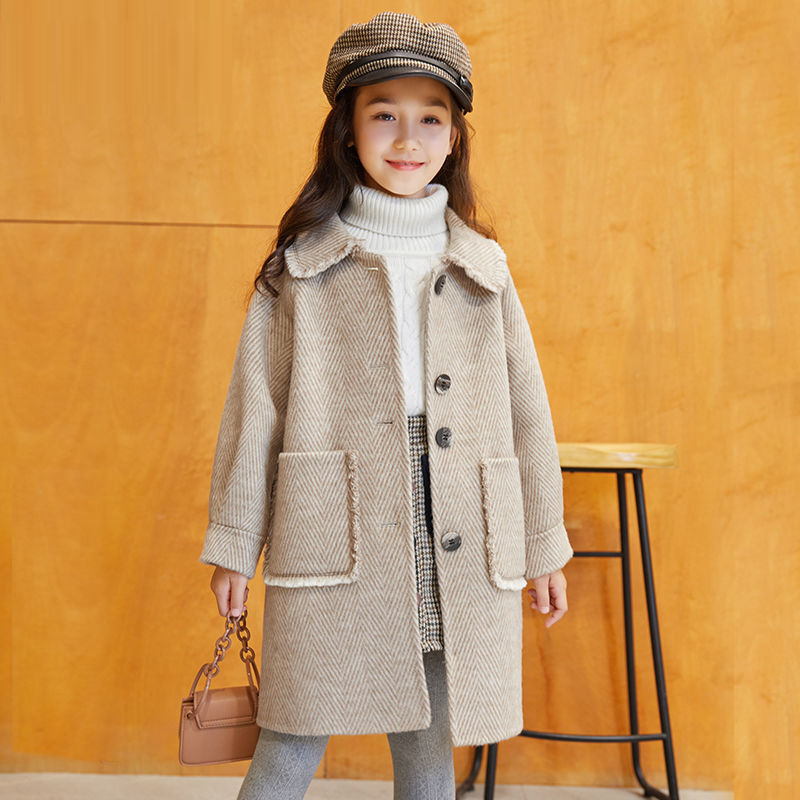 Older Children's Fashionable Mid-length Girl Woolen Coat