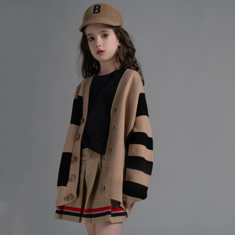 Striped Middle-aged Children's Knitted Sweater Coat