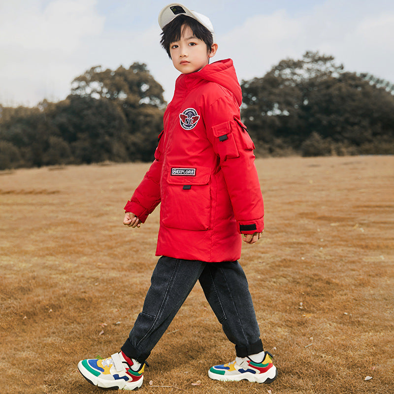 Fashion Solid Color Boys Mid-length Down Jacket
