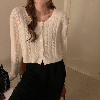 Round Neck Twist Short Knit Solid Color Sweater