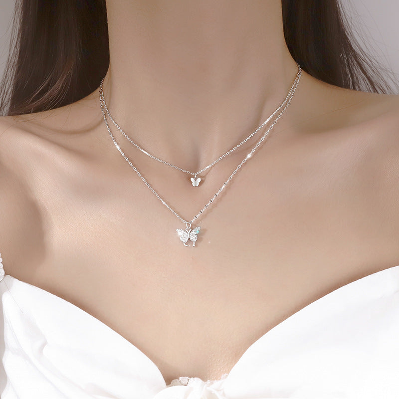 Double Silver  Clavicle  Butterfly Necklace