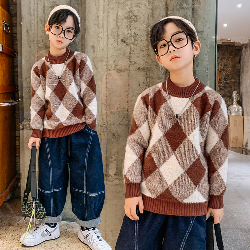 Big Kids Children's Plaid All-match Children's Sweater