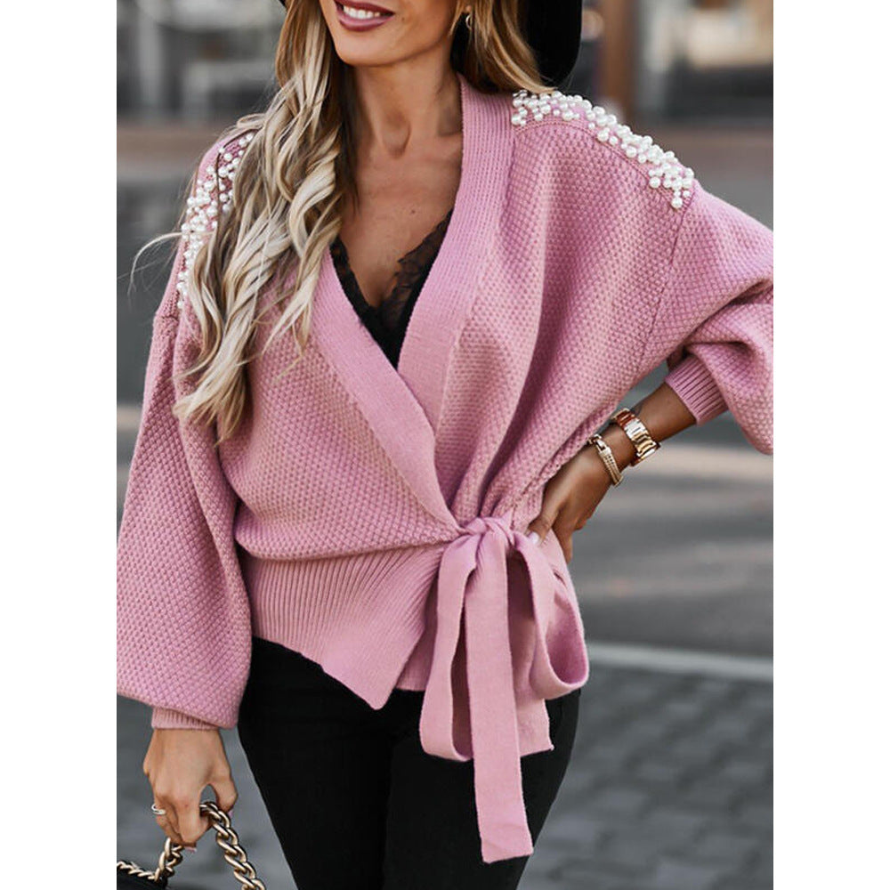 Women's Wide-sleeved Cardigan Knit Sweater Lace-up Top Sweater Women