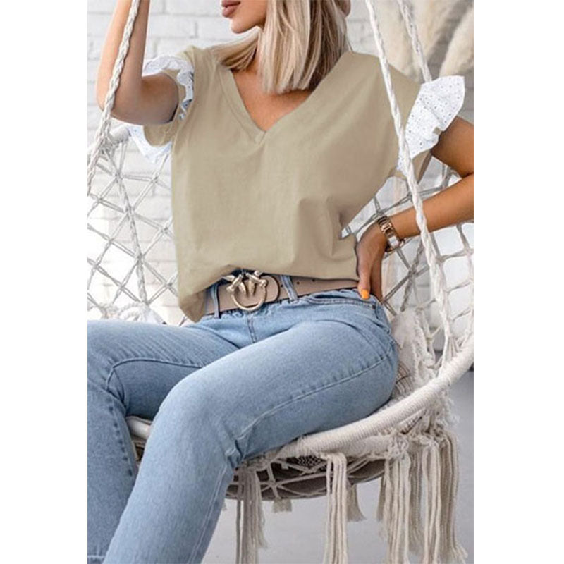 Women's Loose Top V-Neck Solid Color Short Sleeve Shirt