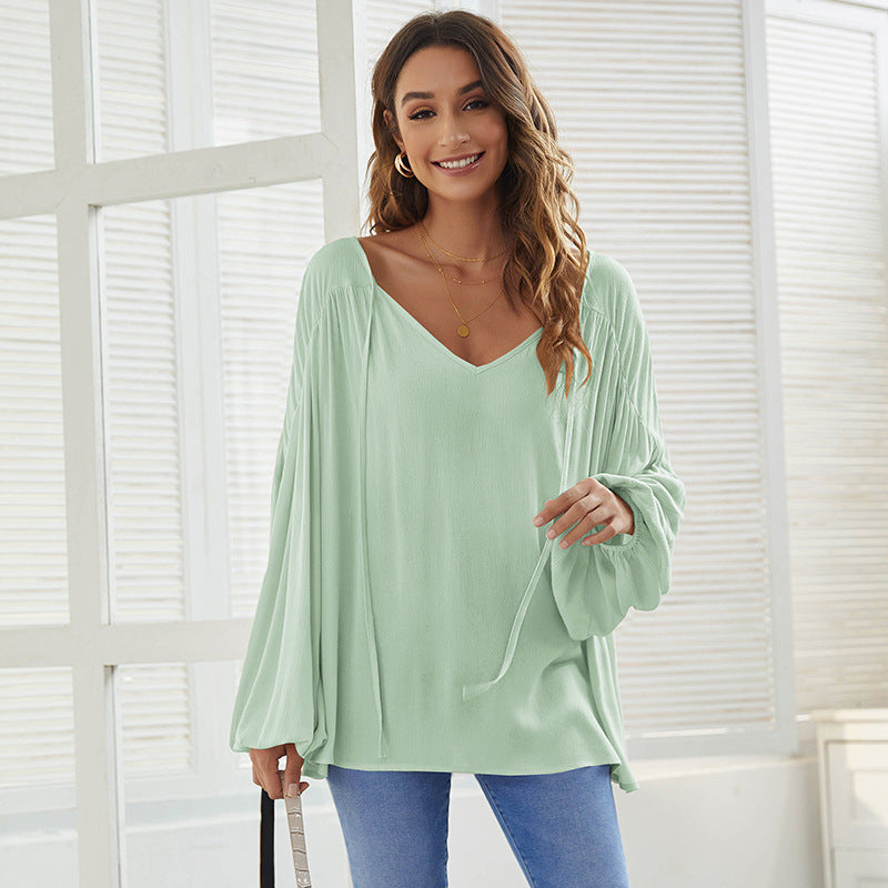 Ladies' V-neck Solid Color Casual Simple T-shirt Top