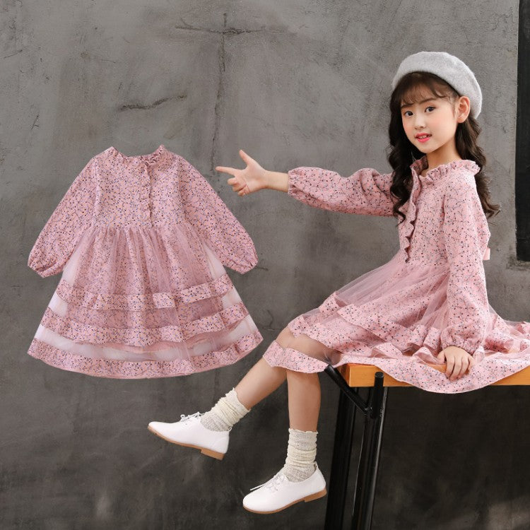 Children's Cute Long-sleeved Mesh Floral Dress
