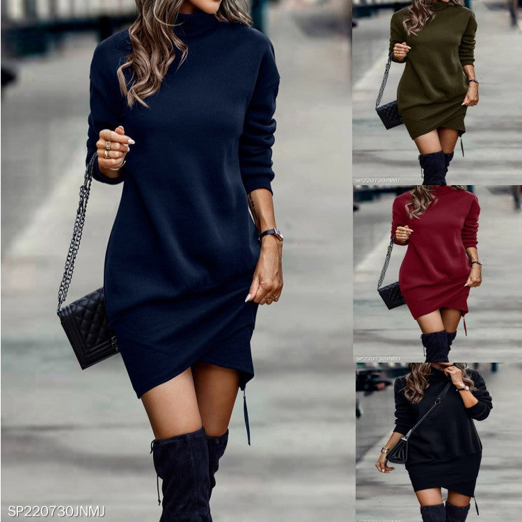 2022 Autumn And Winter Solid Color New High Neck Long Sleeve Cross Hem Short Chic Dress