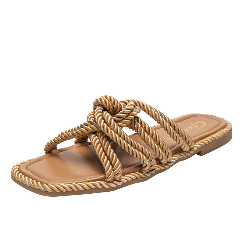 Hemp Rope Flat Sandals Women Casual Solid Color Square Toe Hollow Flat Heel Women Slippers