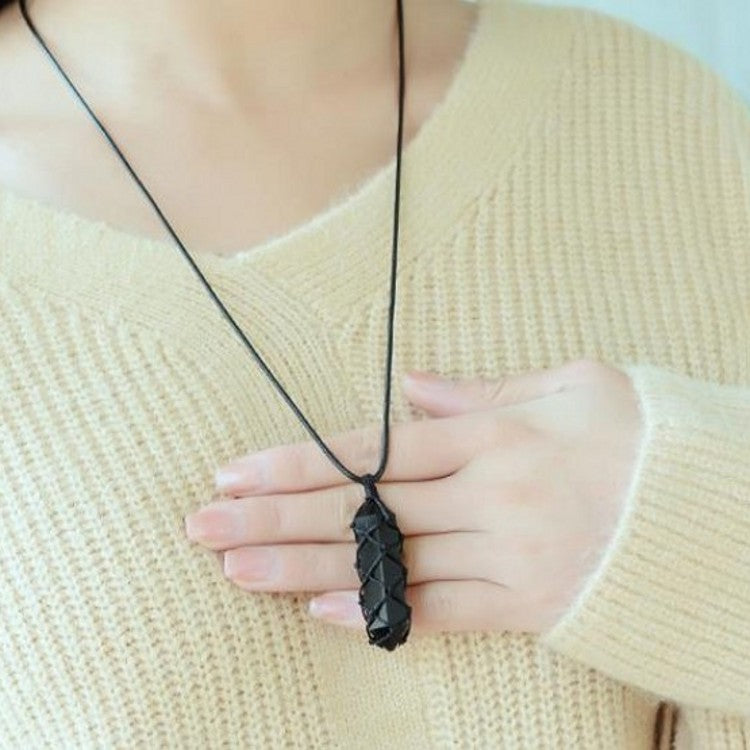 Hand-knitted Simple Obsidian Pendant For Lovers