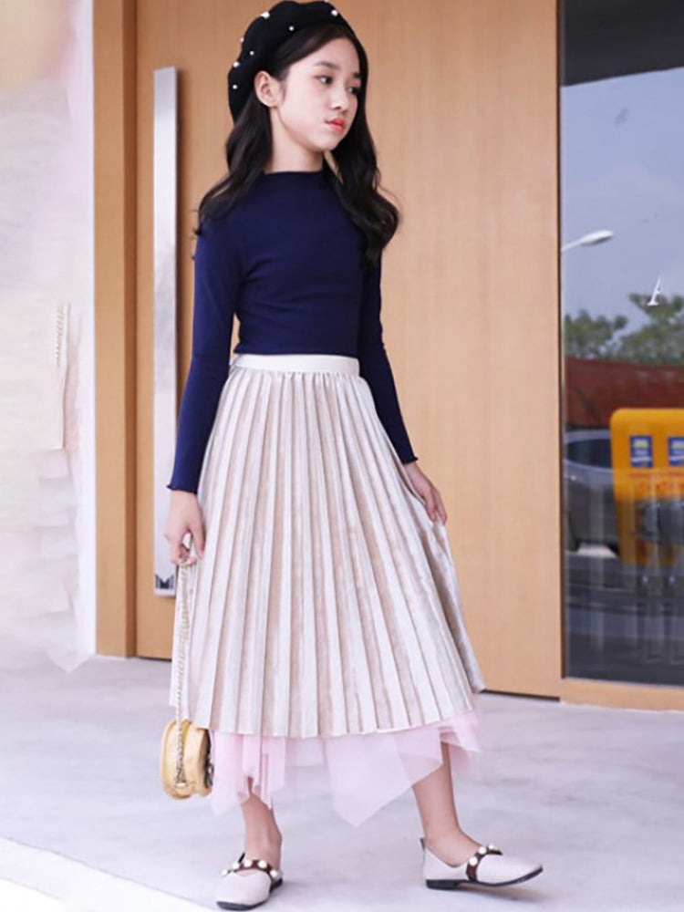Girls' Gold Velvet Mesh Double-sided Skirt With Thick Pleated