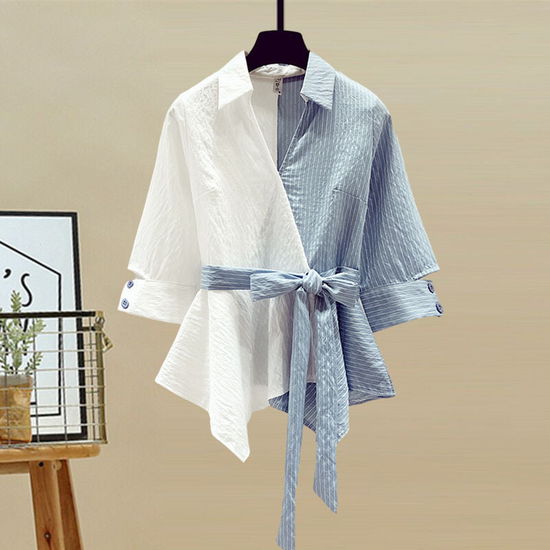 Summer Suit Women's Stitching Fake Two-piece Shirt And Jeans Two-piece Suit