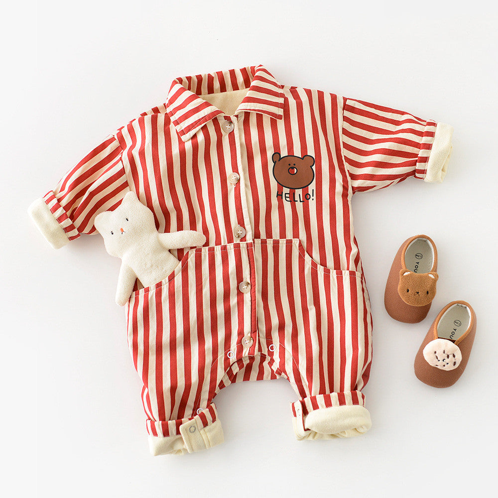 Bear Striped Lapel Thickened Long Crawl Jumpsuit