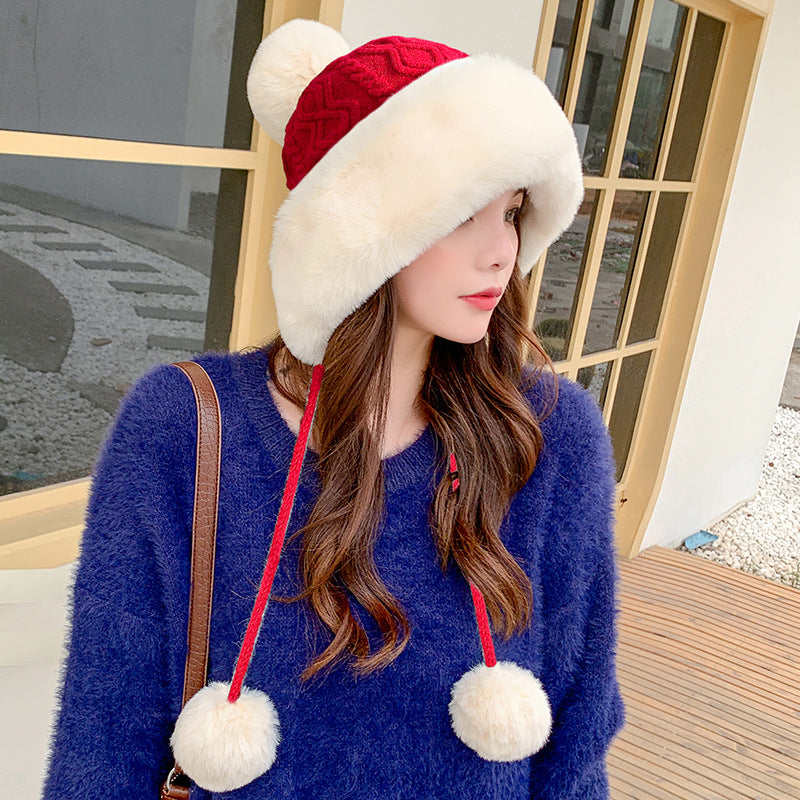 Autumn Winter Women's Cotton Cashmere Pullover Three-wool Ball Hat