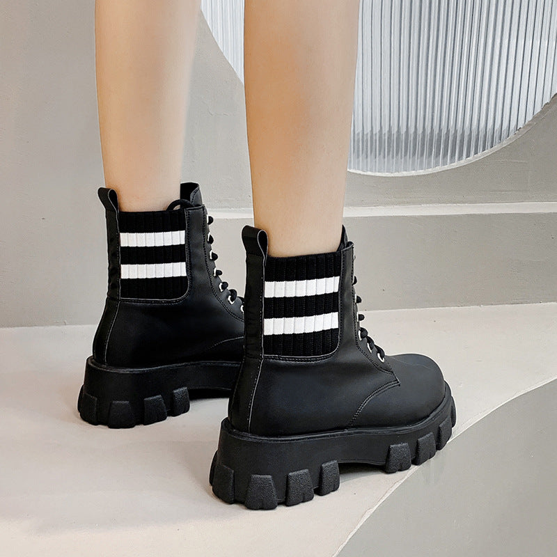 Women's Thick-soled Thick-heel Flying Knit Short Leather Boots