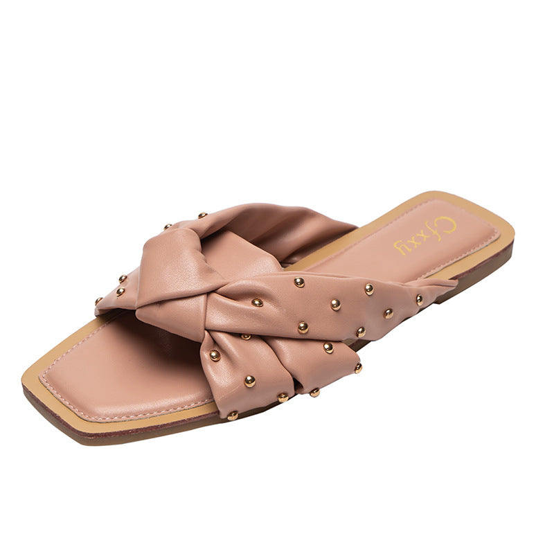 Summer New Style Rivet Woven Slippers Female Cross Flat-bottomed Female Sandals