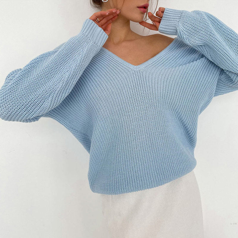 V Neck Blue Padded Knitted Pullover