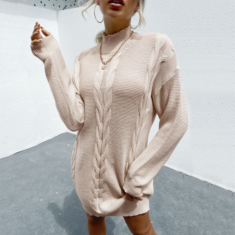 Knitted Solid Color Half High Neck Long Sleeve Sweater Dress