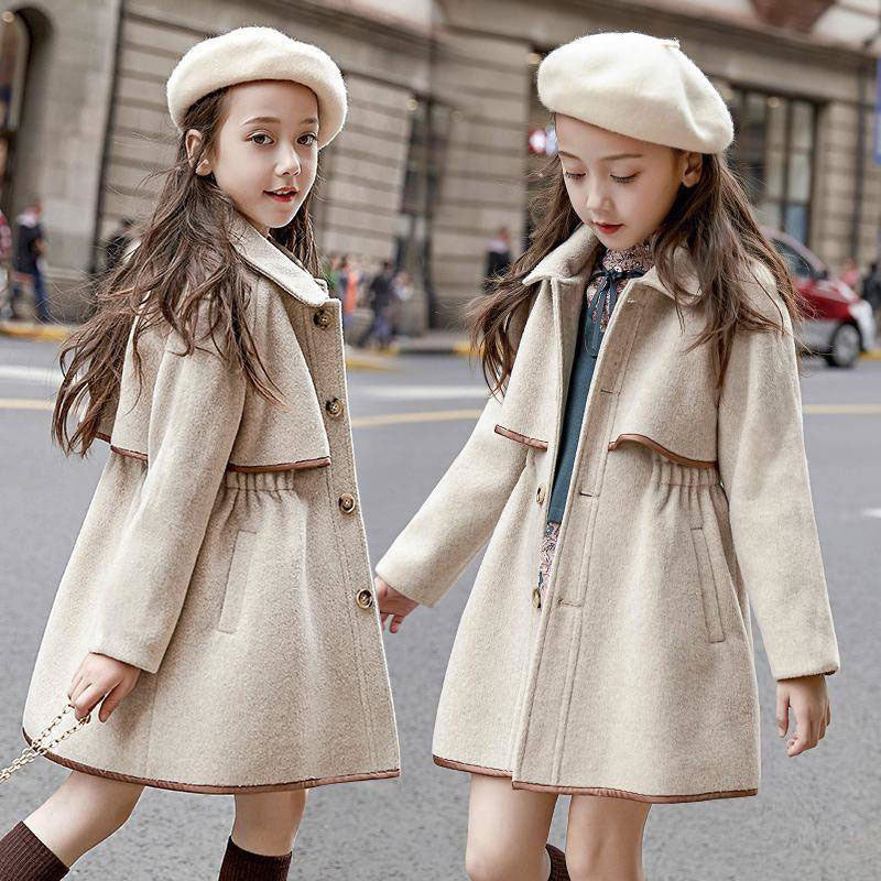 Older Children's Solid Color Woolen Coat, British Fashion Mid-length Coat, Waist Thickened