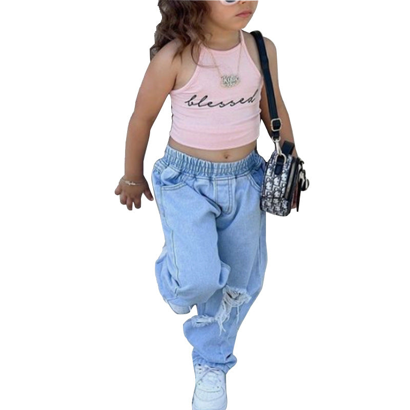 Children's Two-piece Suit With Ripped Jeans And Vest