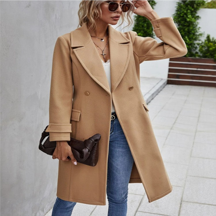 Capable And Fashionable Temperament Lapel Tie-up Slim Mid-length Casual Cashmere Coat Jacket