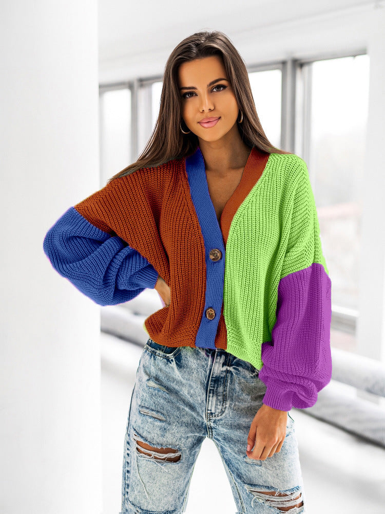 Casual Color Matching Bright Women's Woolen Long-sleeved Cardigan