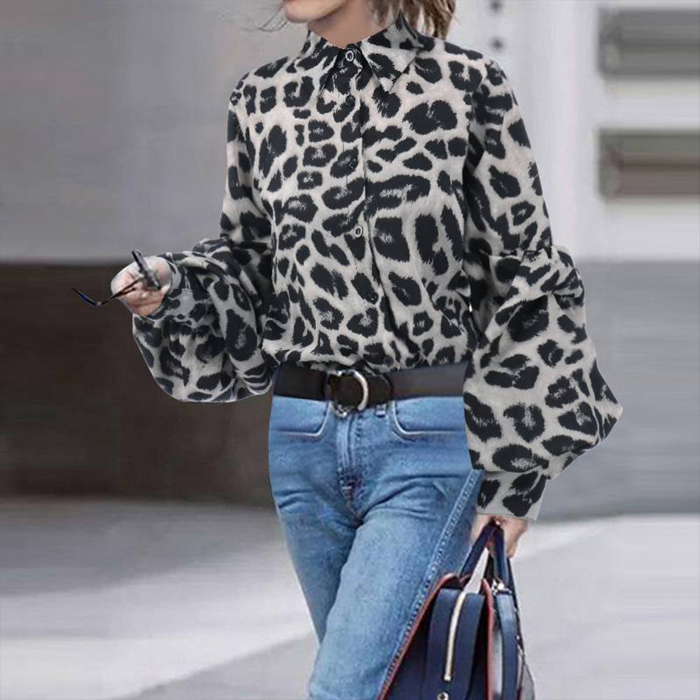 Loose And Thin Leopard Print Long-Sleeved Shirt Casual Lapel Cardigan Top