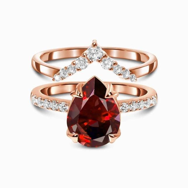 Women's Sterling Silver Rose Gold Ruby Micro Zircon Double Layer Ring
