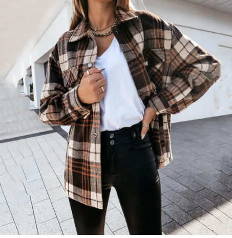 Autumn And Winter Long-Sleeved Plaid Print Coat