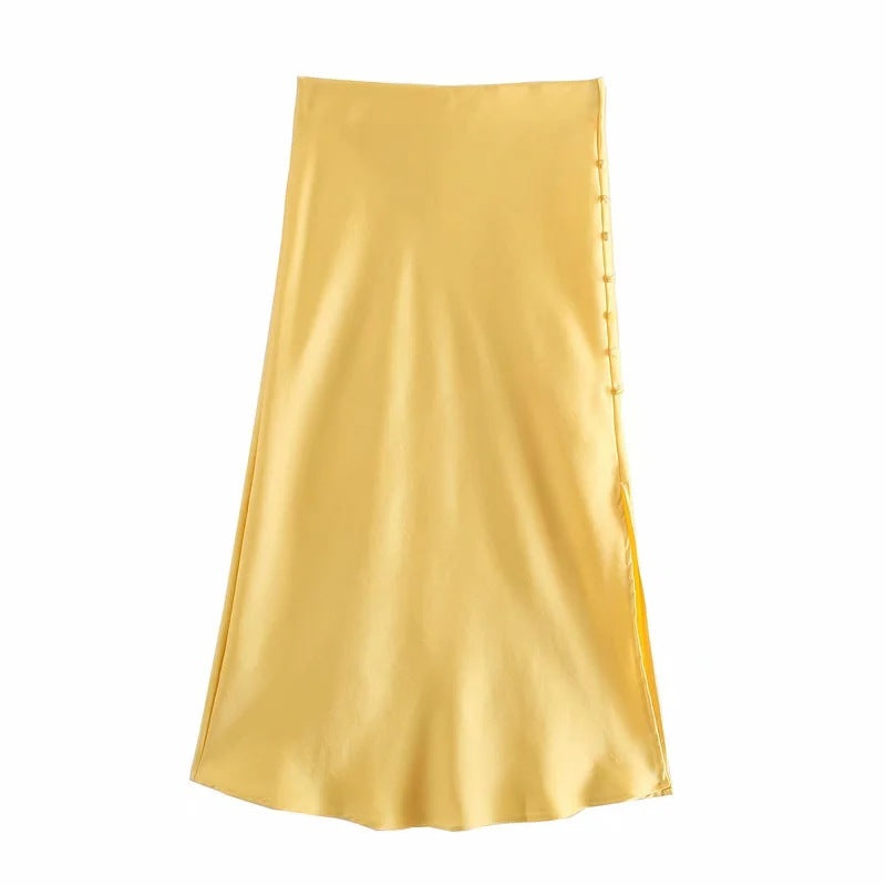 Ladies Fashion Buttoned Slit Satin Skirt