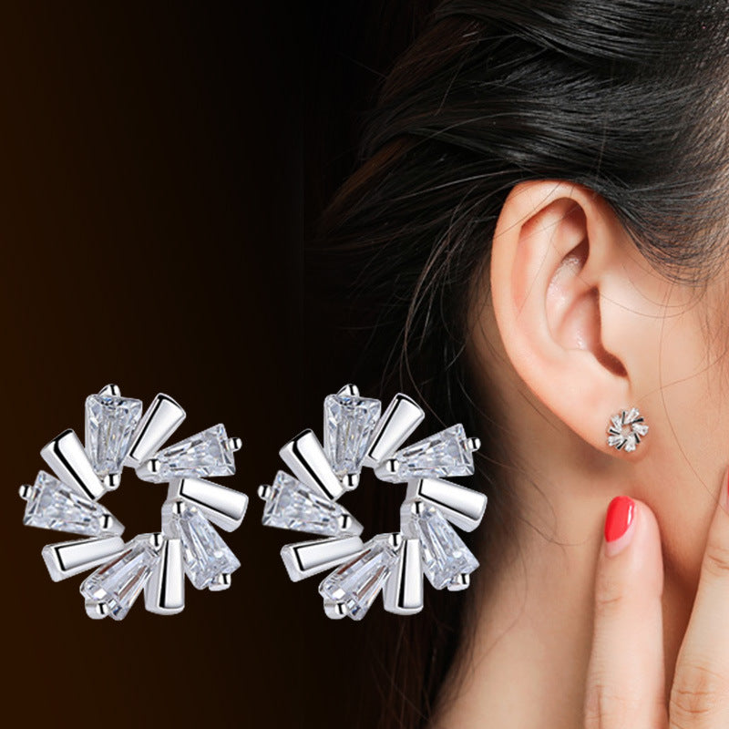 Ice Crystal Flower Love Trapezoidal Zircon Cupronickel Silver-plated Stud Earrings